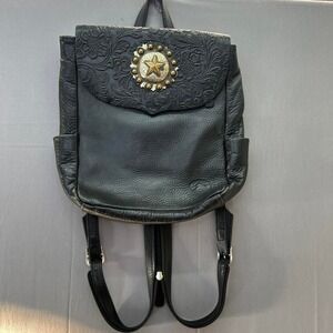 VTG Sergio's Collection Black Leather Backpack Purse Western Concho Tooled BOHO